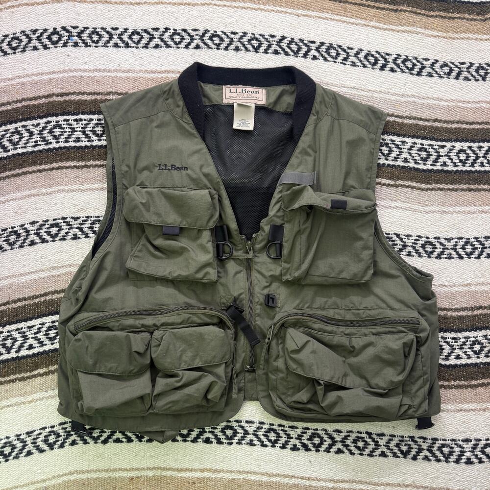 Men's L.L. Bean Dark Green Angler Fly Fishing Multi-Pocket Utility Nylon Vest XL